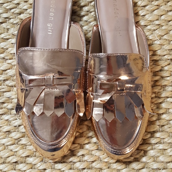 Madden Girl Shoes - Madden Girl Rose Gold Metallic Loafers Slides